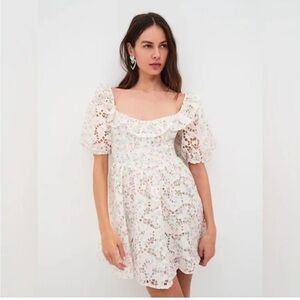 For Love and Lemons Revolve White Pink Eyelet Floral Dress Square Neck Size M